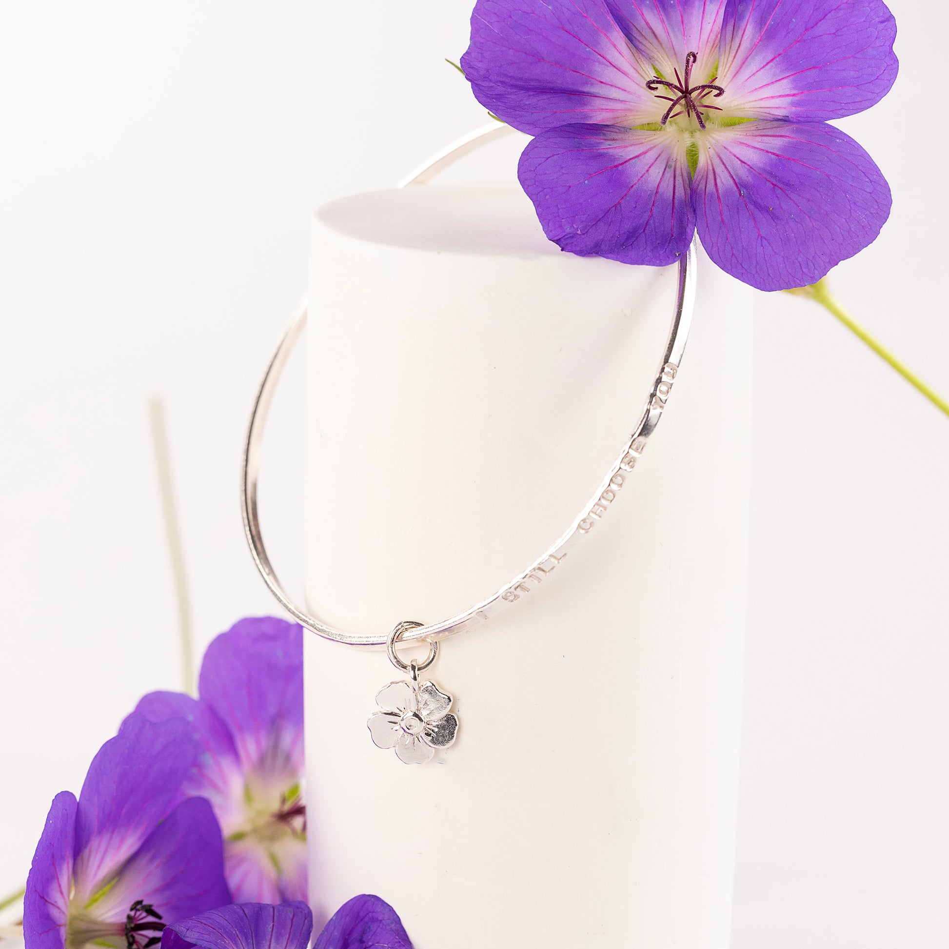 4th Anniversary Gift - Personalised Geranium Flower Bangle - Silver
