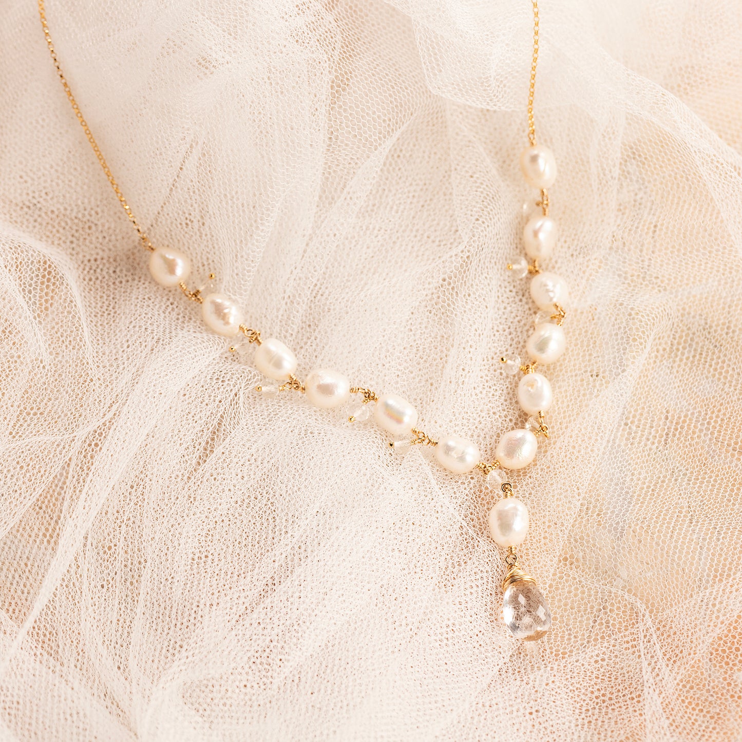 Keishi Pearl & Crystal Drop Necklace - Salacia - Silver & Gold