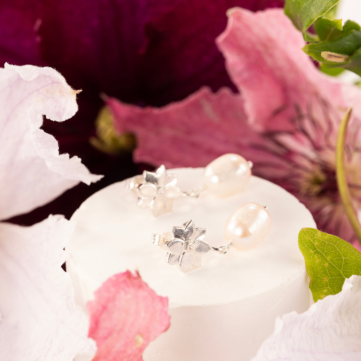 8th Anniversary Gift - Clematis Flower Earrings - Silver & Pearl