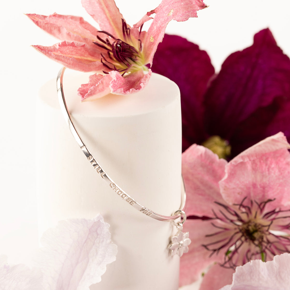 Personalised Clematis Flower Bangle - Creativity - Silver