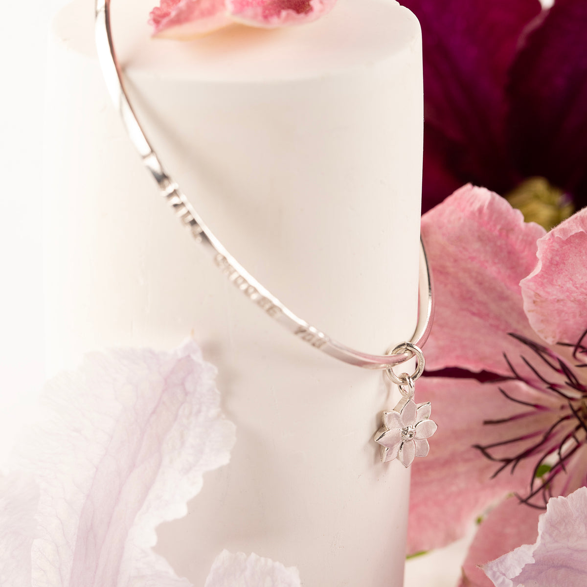 Personalised Clematis Flower Bangle - Creativity - Silver