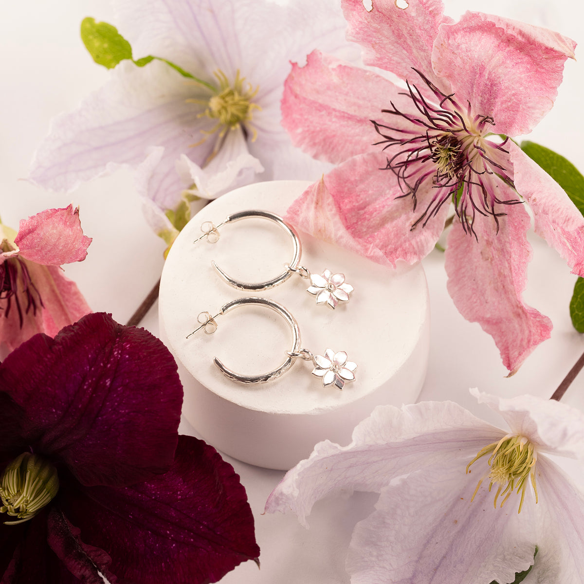 8th Anniversary Gift - Clematis Flower Hoop Earrings - Silver
