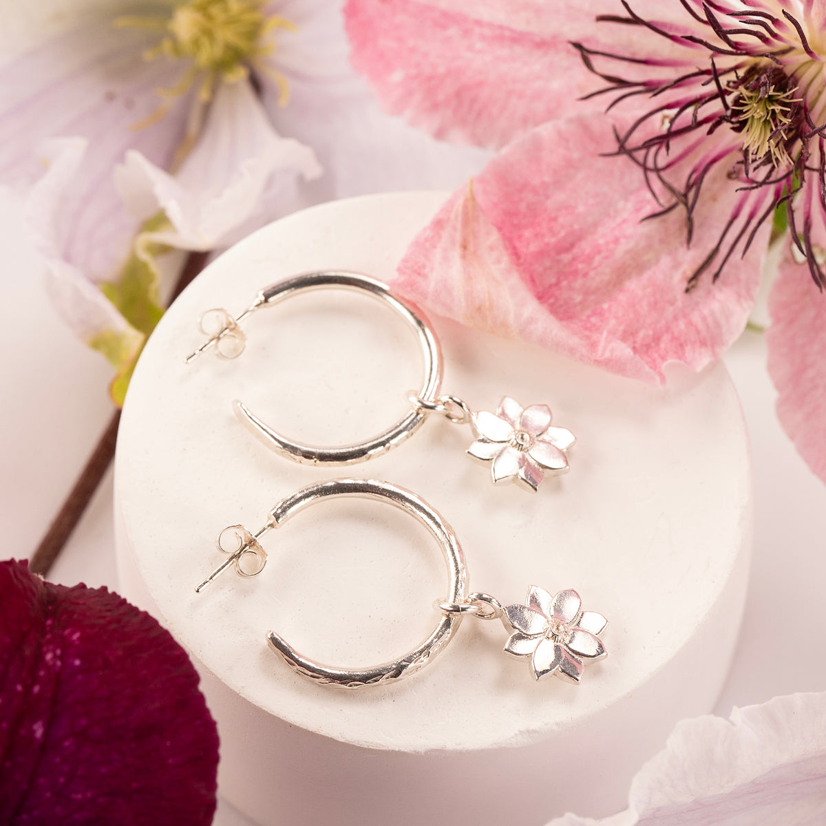 8th Anniversary Gift - Clematis Flower Hoop Earrings - Silver