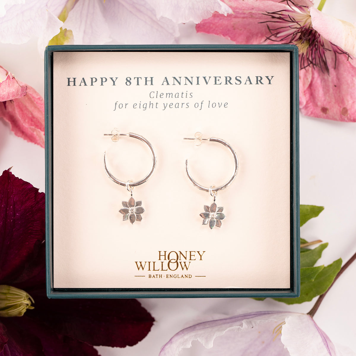 8th Anniversary Gift - Clematis Flower Hoop Earrings - Silver