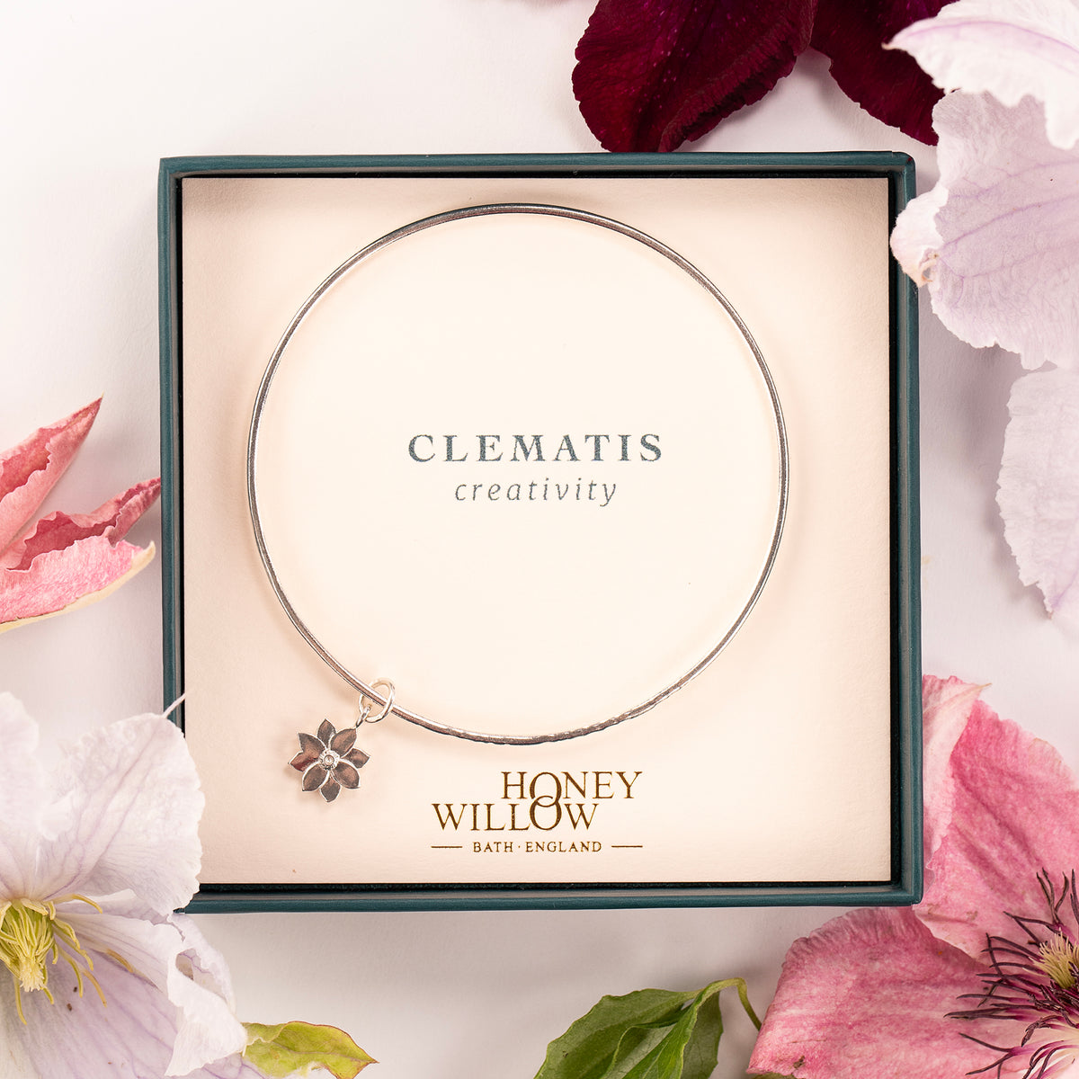 Personalised Clematis Flower Bangle - Creativity - Silver
