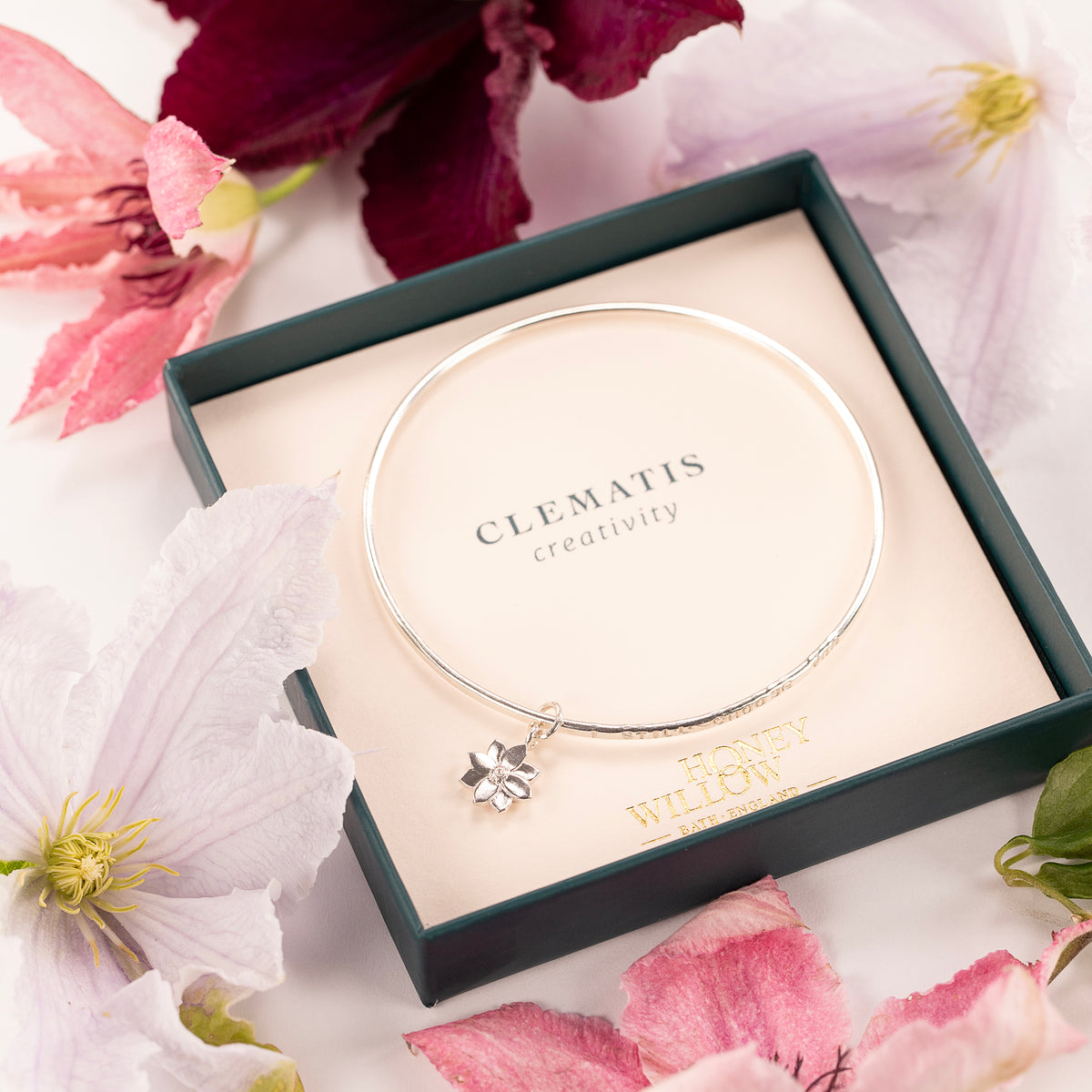 Personalised Clematis Flower Bangle - Creativity - Silver