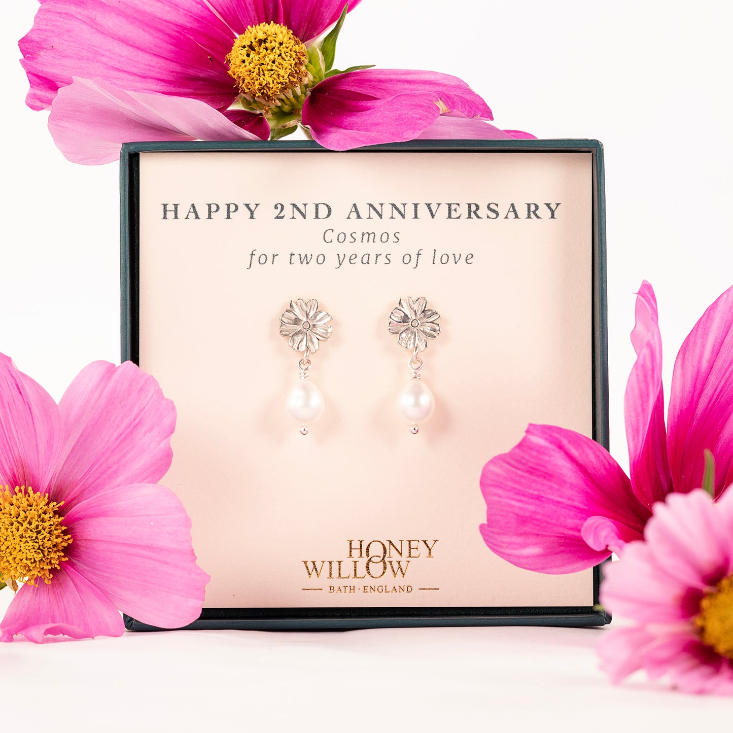 2nd Anniversary Gift - Cosmos Flower Earrings - Silver & Pearl