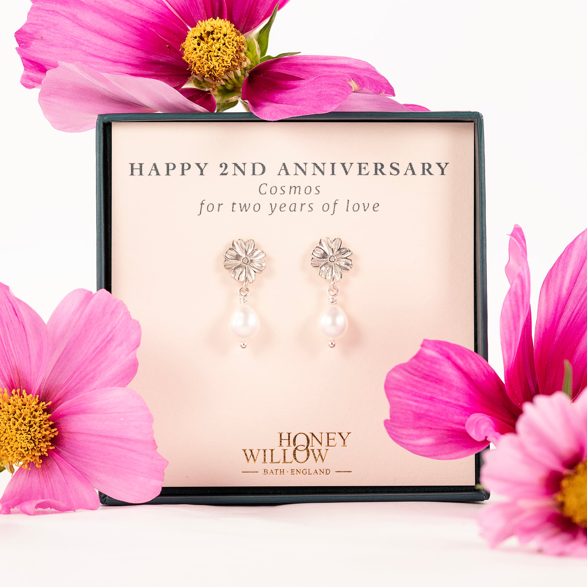 2nd Anniversary Gift - Cosmos Flower Earrings - Silver & Pearl