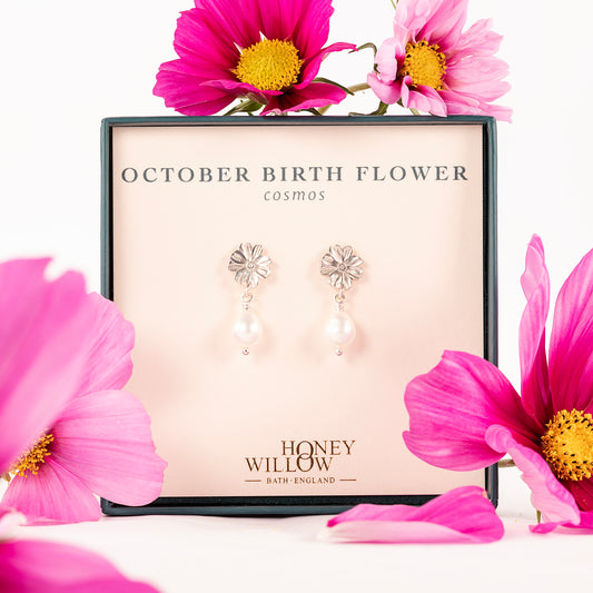 October Birth Flower Earrings - Cosmos - Silver & Pearl