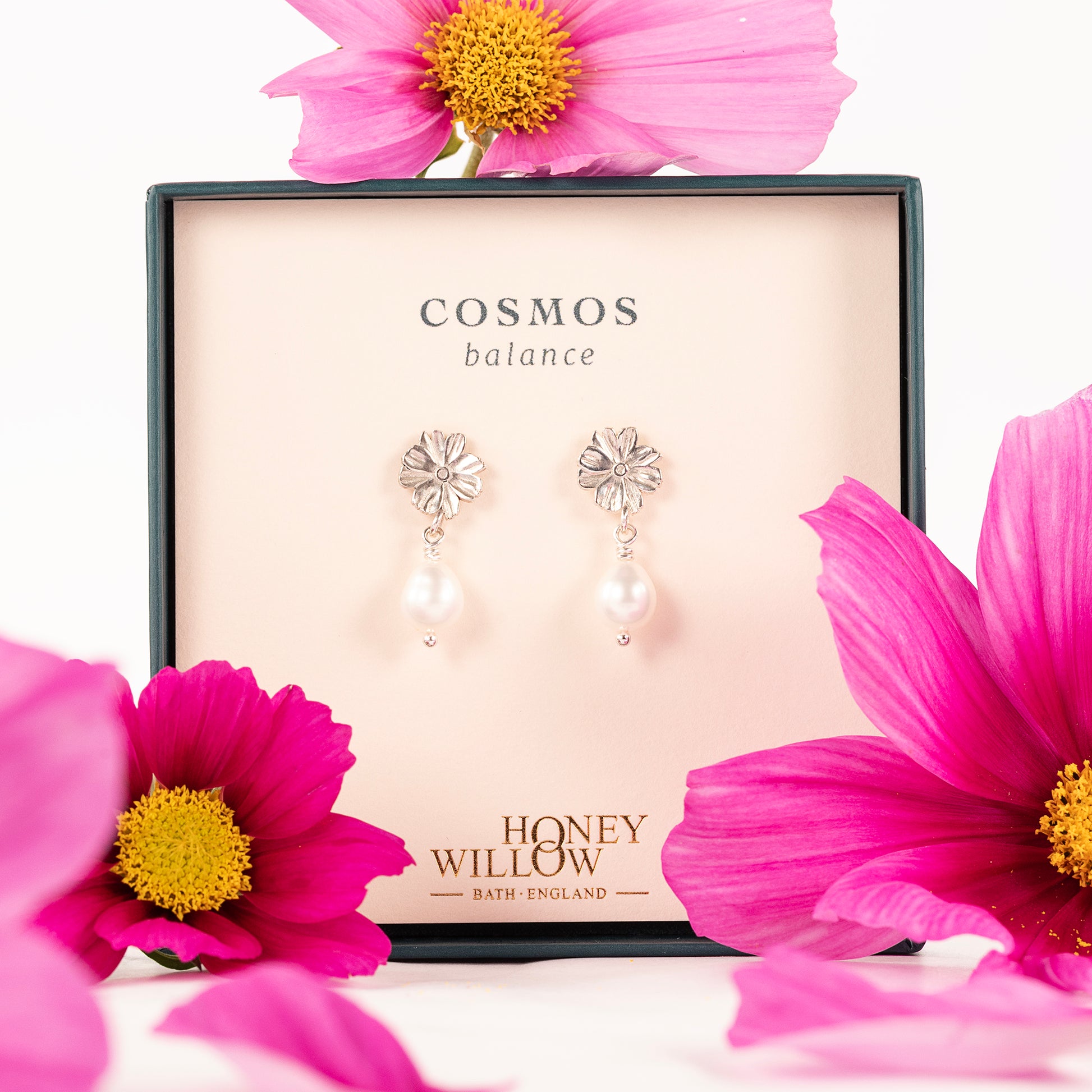 Cosmos Flower Earrings - Balance  - Silver & Pearl