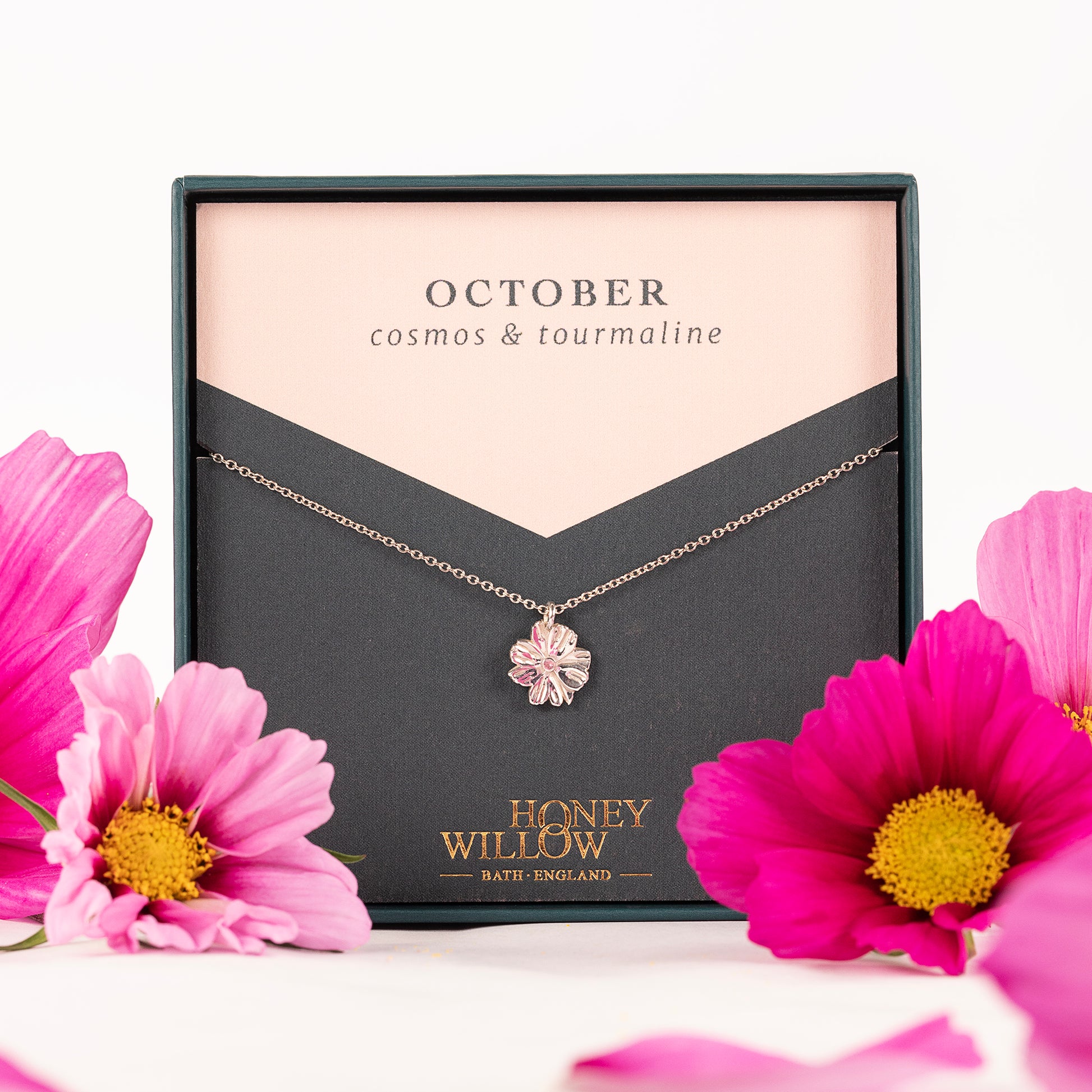 October Birth Flower & Birthstone Necklace - Cosmos & Tourmaline - Silver