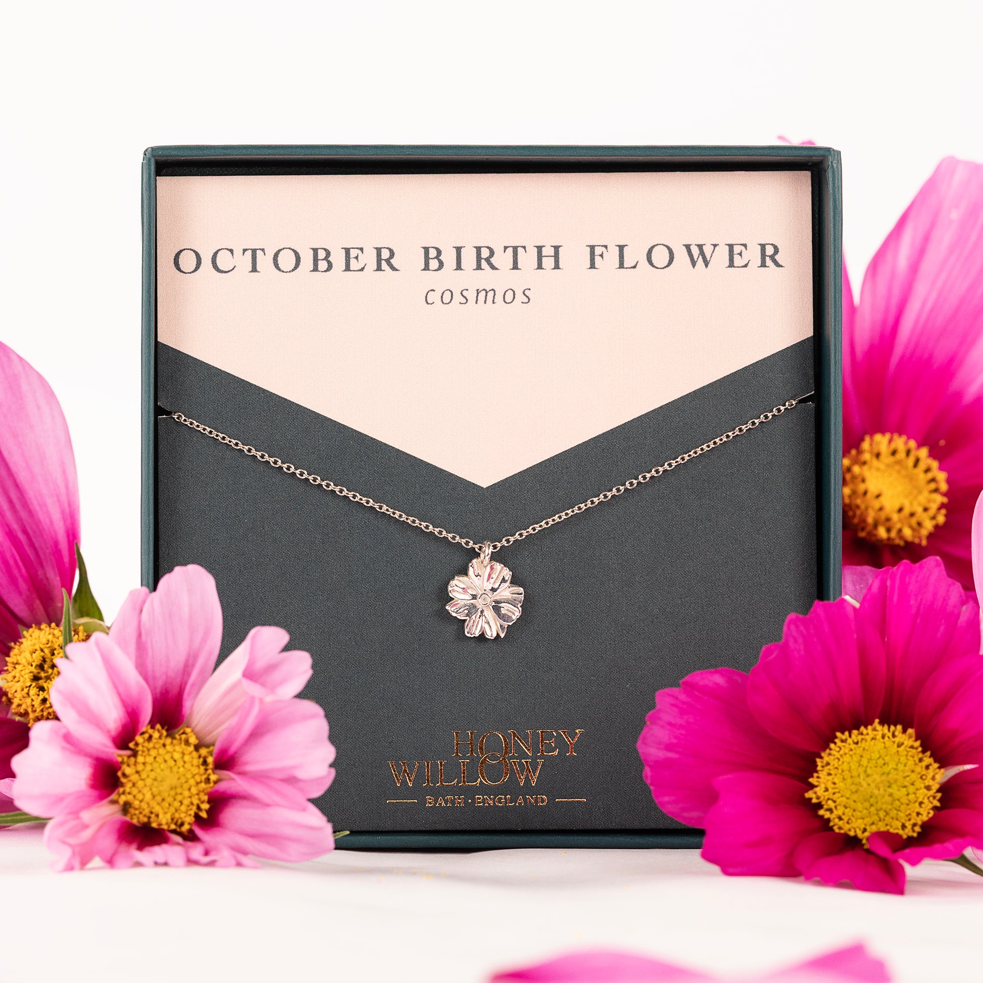 October Birth Flower Necklace - Cosmos - Silver