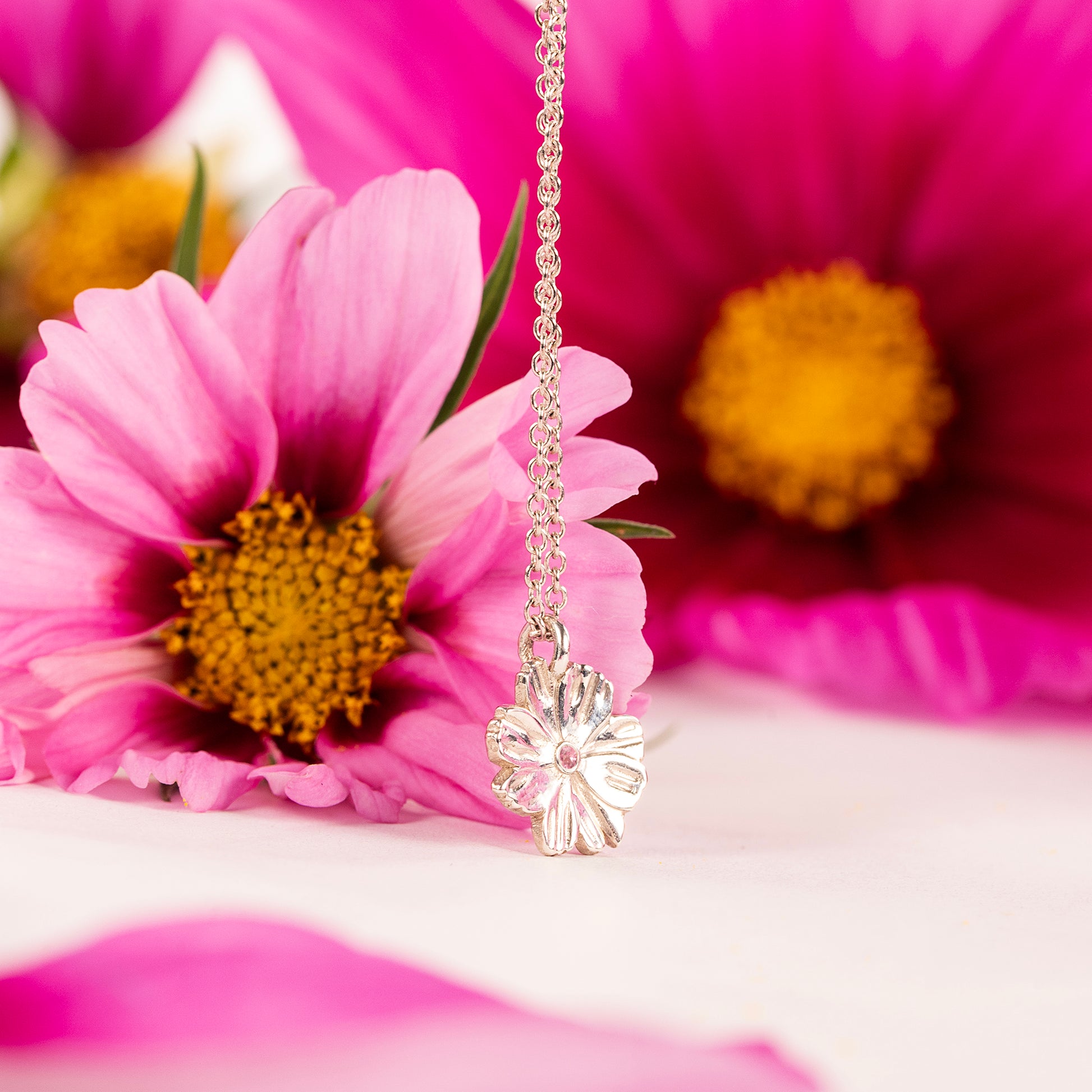 October Birth Flower & Birthstone Necklace - Cosmos & Tourmaline - Silver