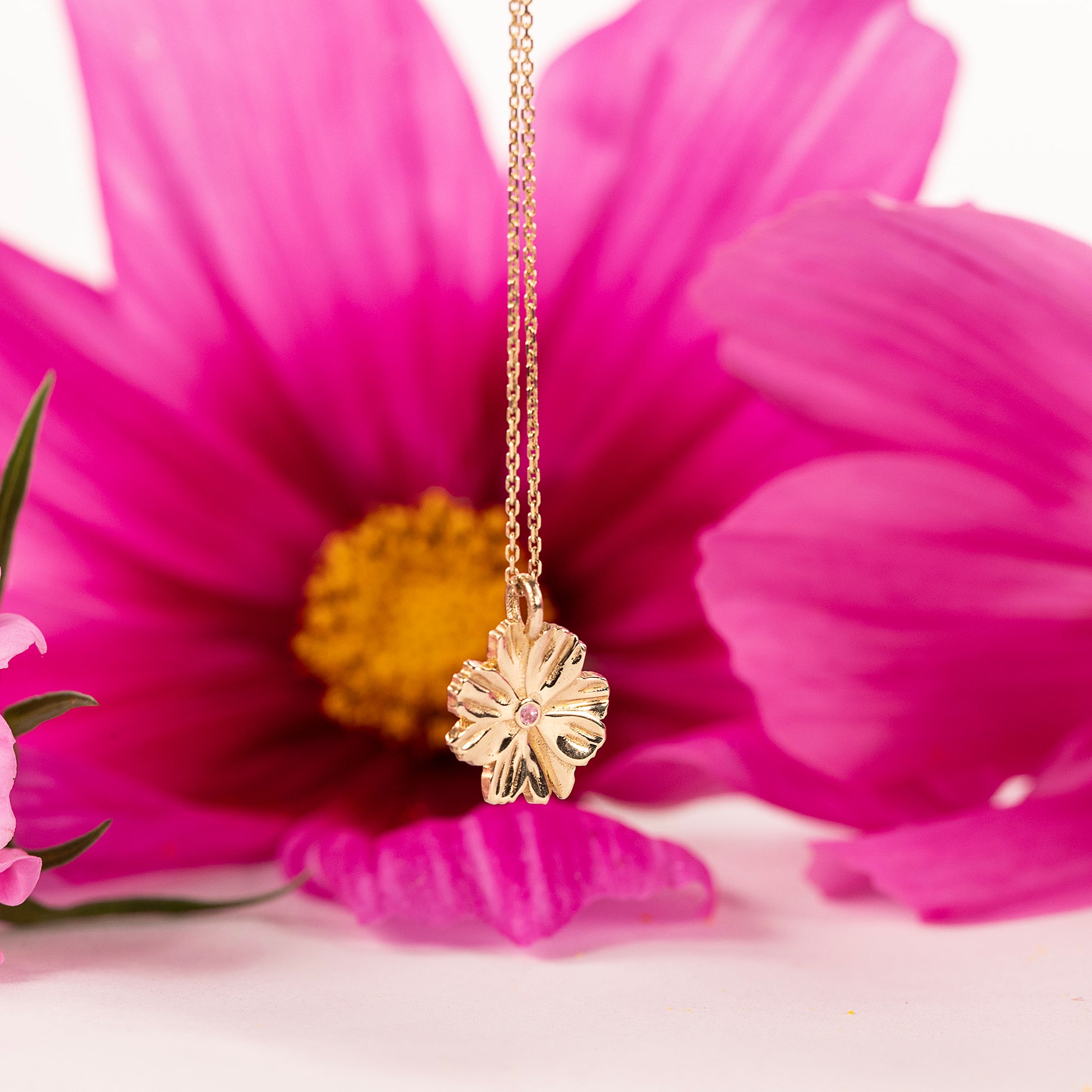 October Birth Flower & Birthstone Necklace - Cosmos & Tourmaline - 9kt Gold