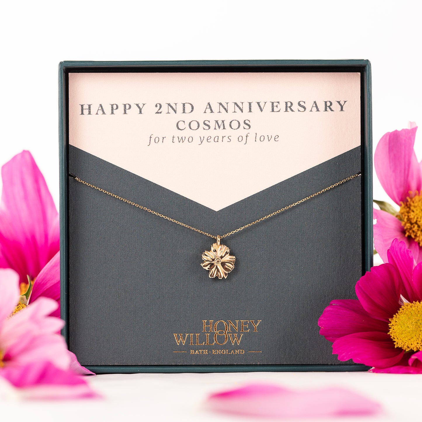 2nd Anniversary Gift - Cosmos Flower Necklace - 9kt Gold