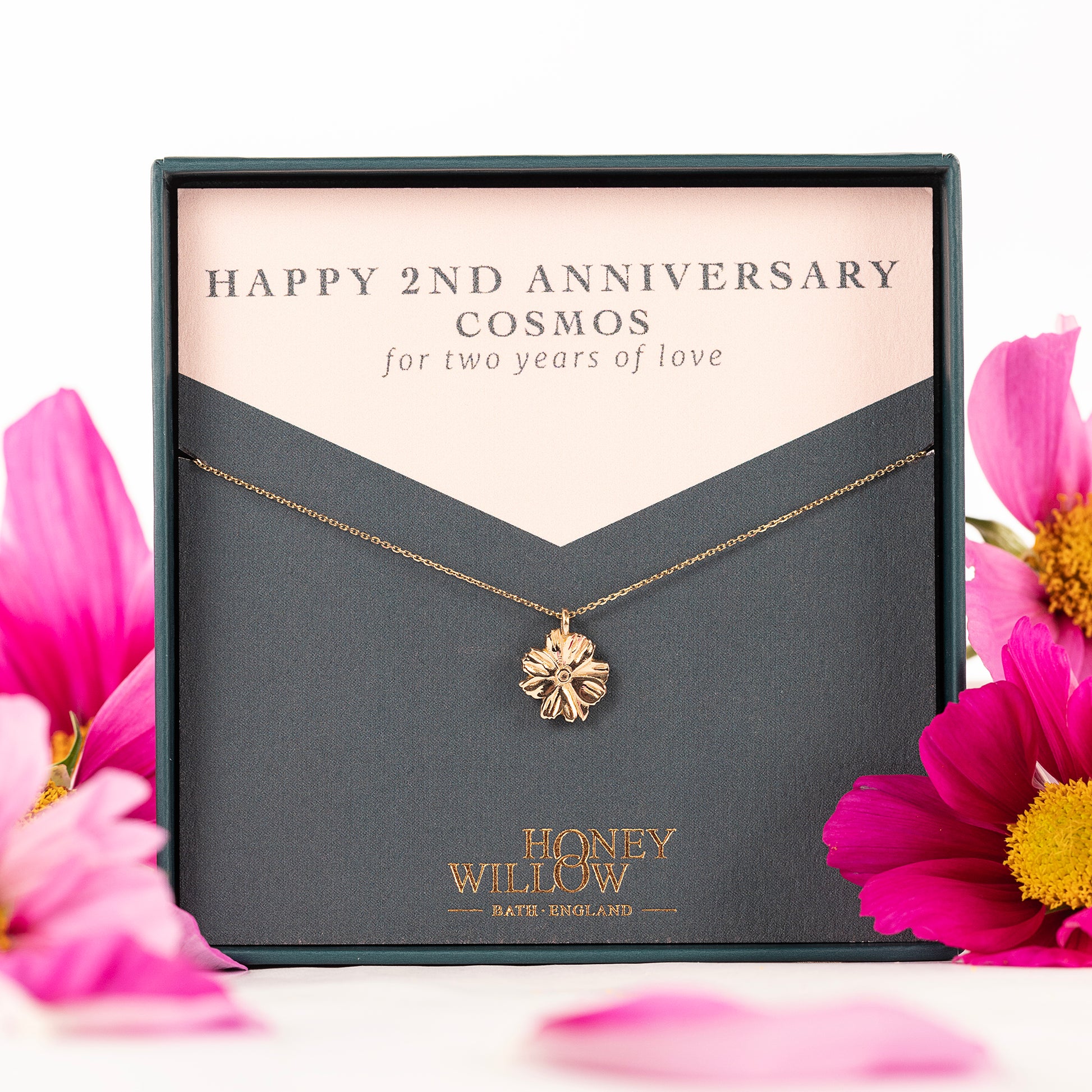 2nd Anniversary Gift - Cosmos Flower Necklace - 9kt Gold