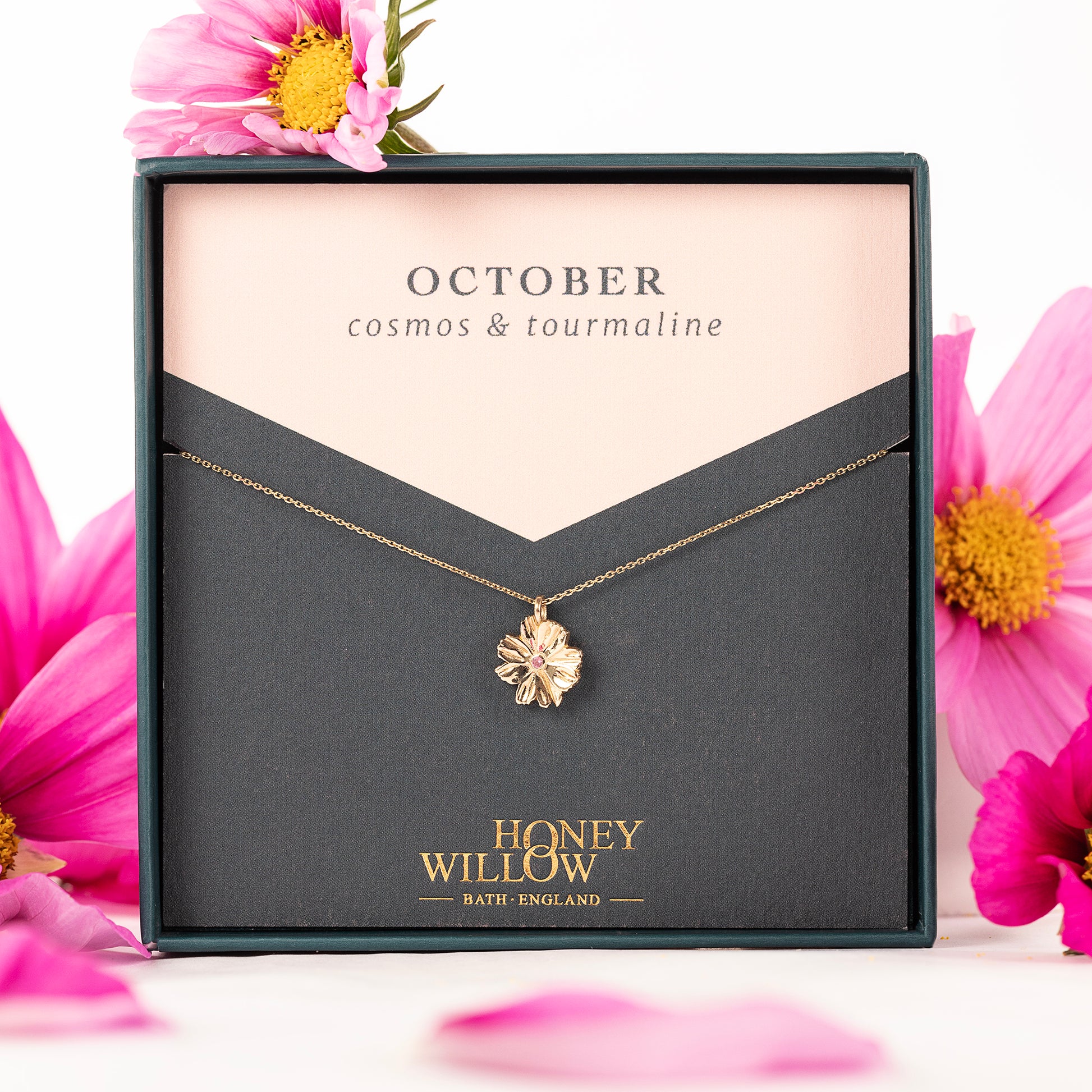 October Birth Flower & Birthstone Necklace - Cosmos & Tourmaline - 9kt Gold