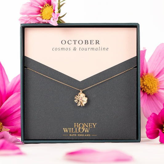October Birth Flower & Birthstone Necklace - Cosmos & Tourmaline - 9kt Gold