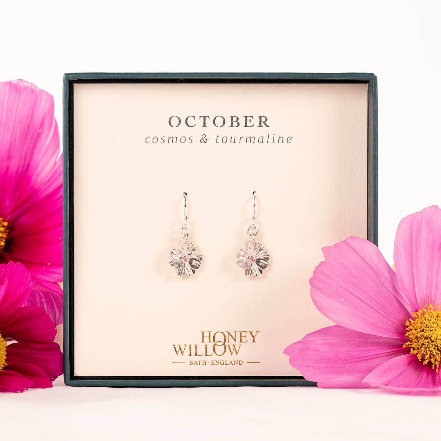 October Birth Flower & Birthstone Earrings - Cosmos & Tourmaline - Silver