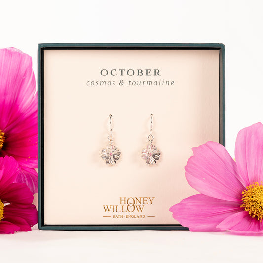 October Birth Flower & Birthstone Earrings - Cosmos & Tourmaline - Silver