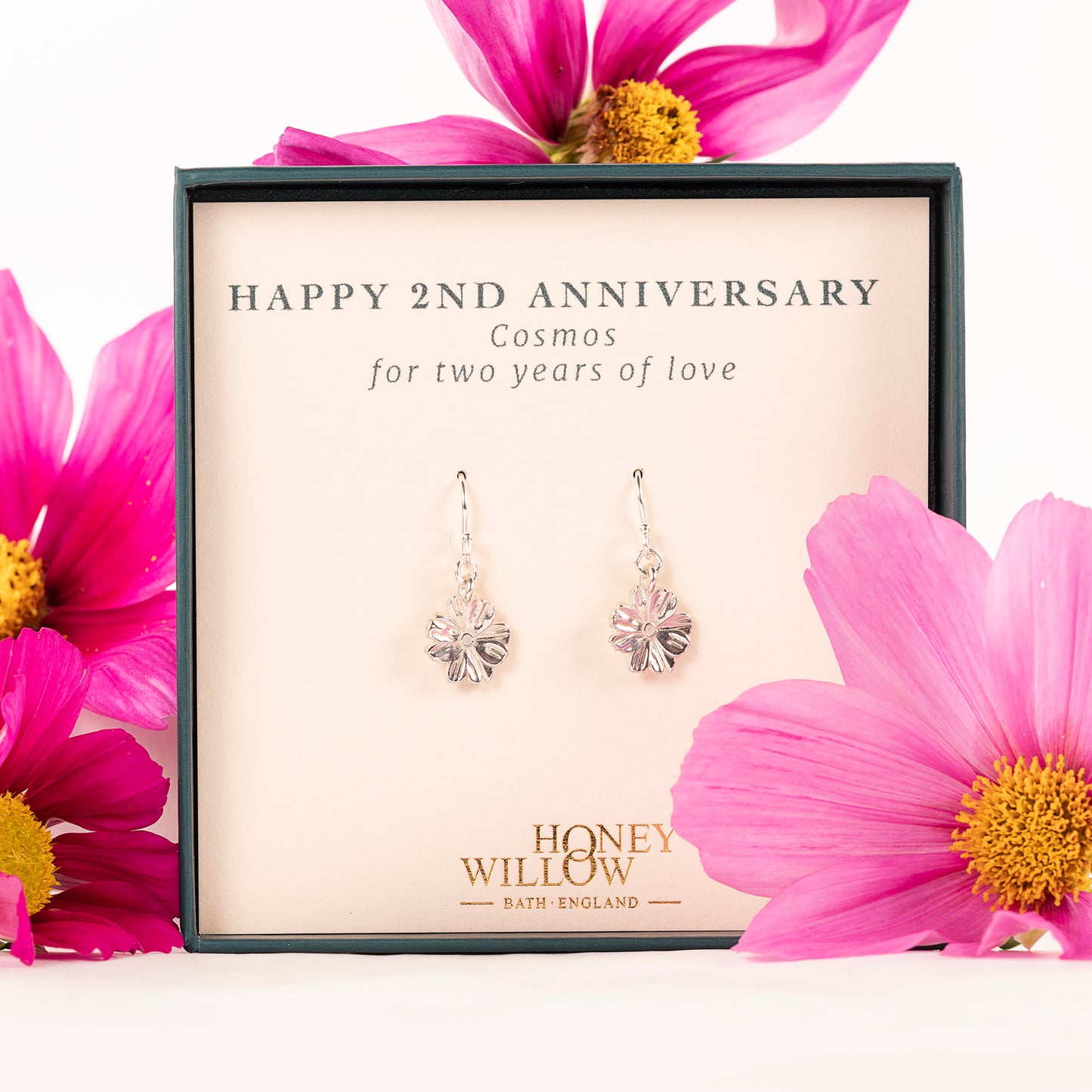 2nd Anniversary Gift - Cosmos Flower Earrings - Silver