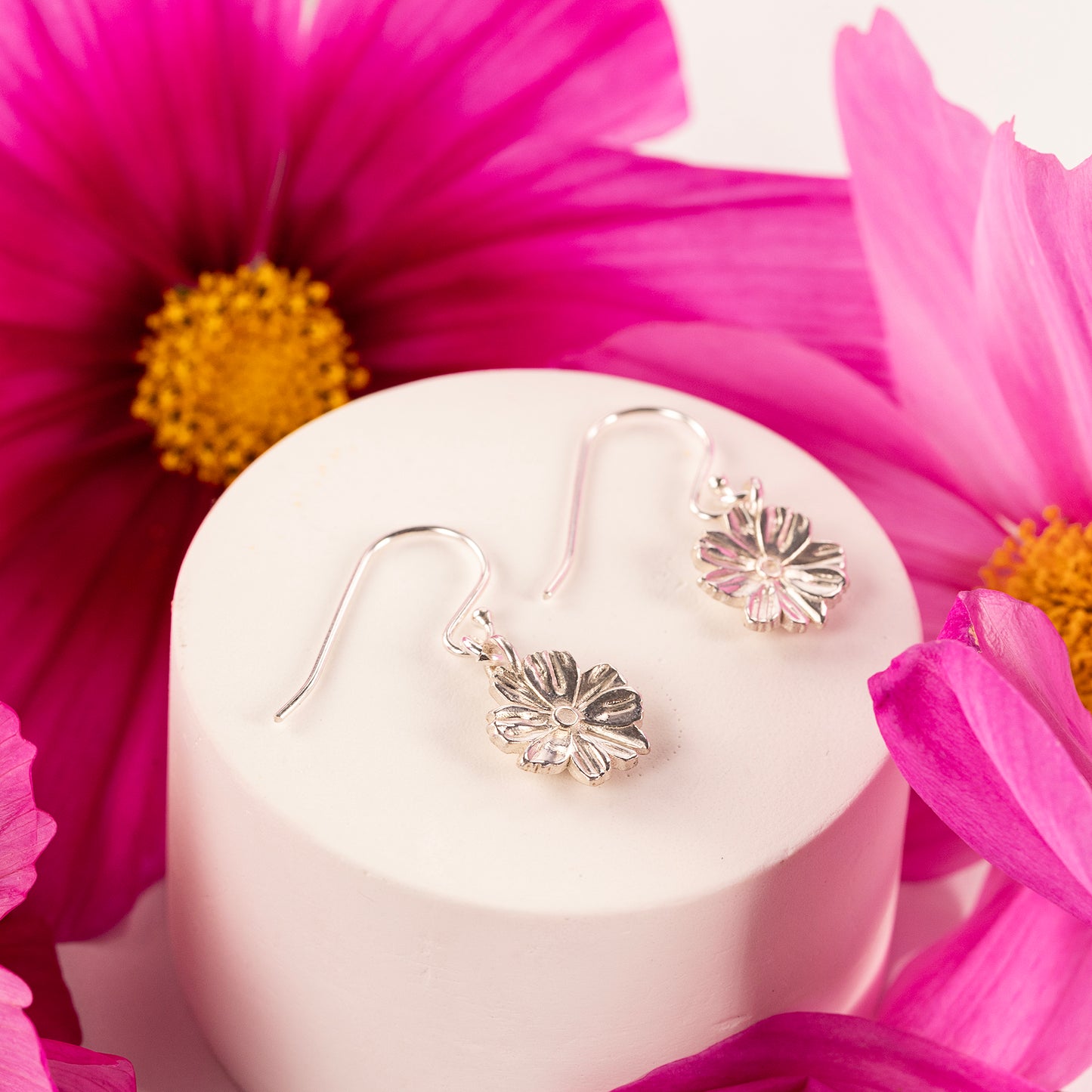 2nd Anniversary Gift - Cosmos Flower Earrings - Silver