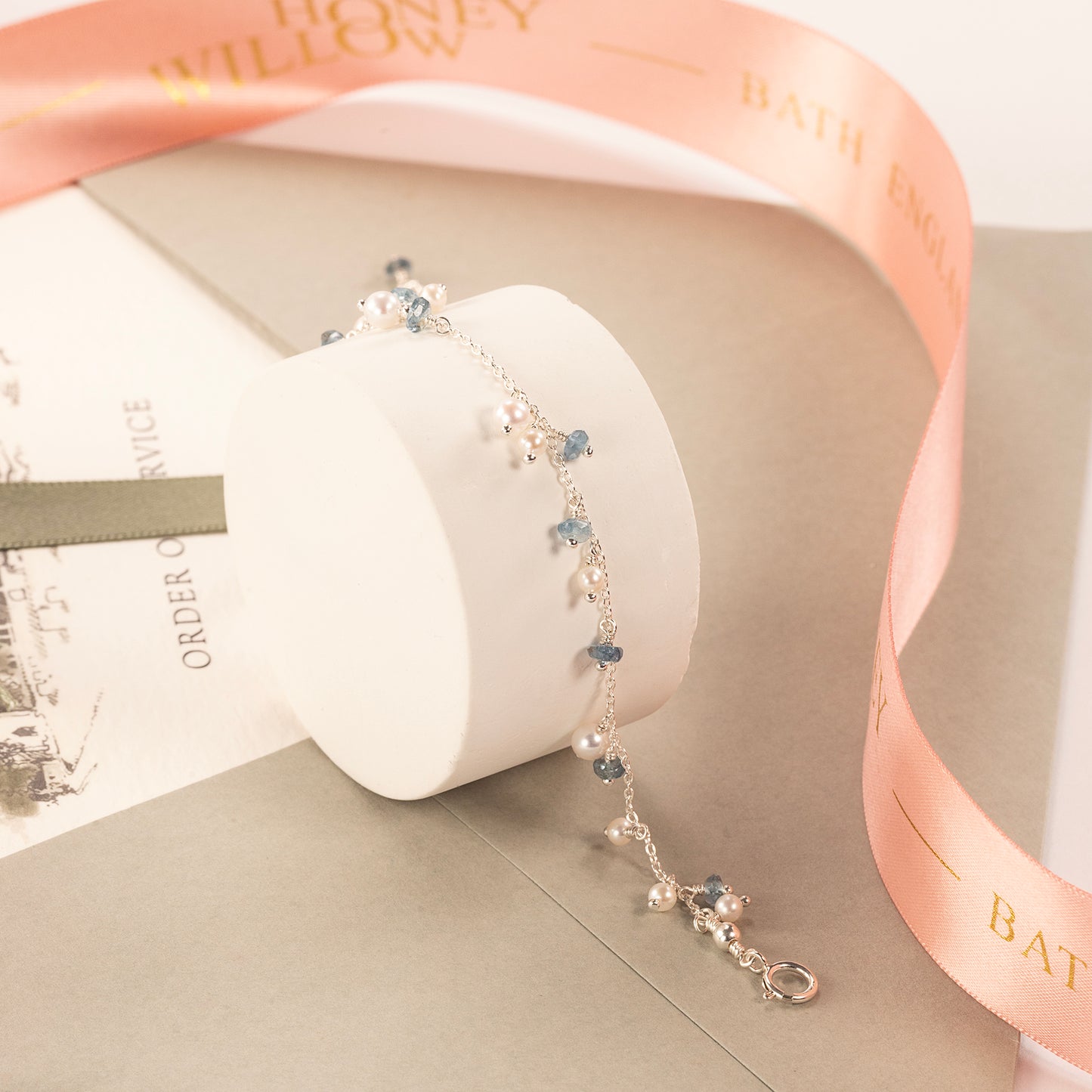 Aquamarine & Pearl Cluster Bracelet - Jane - Silver & Gold