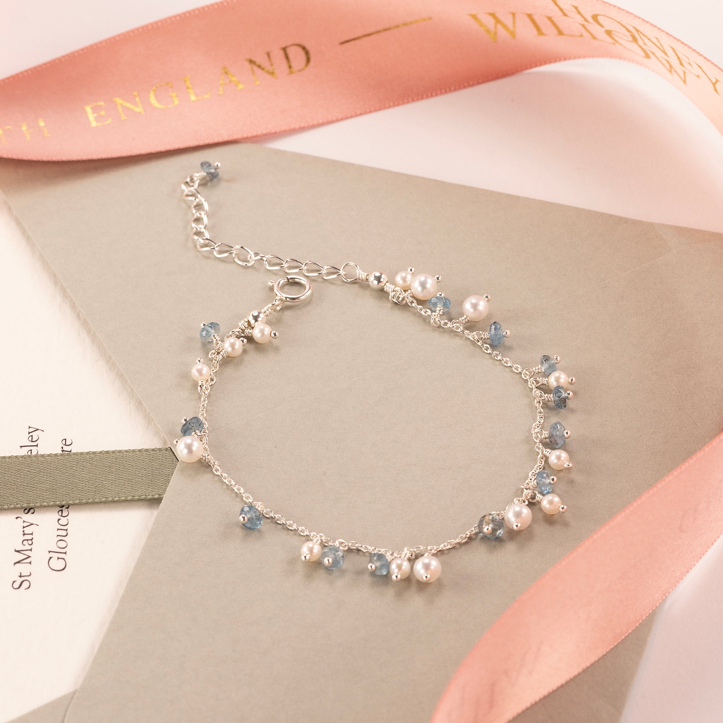Aquamarine & Pearl Cluster Bracelet - Jane - Silver & Gold