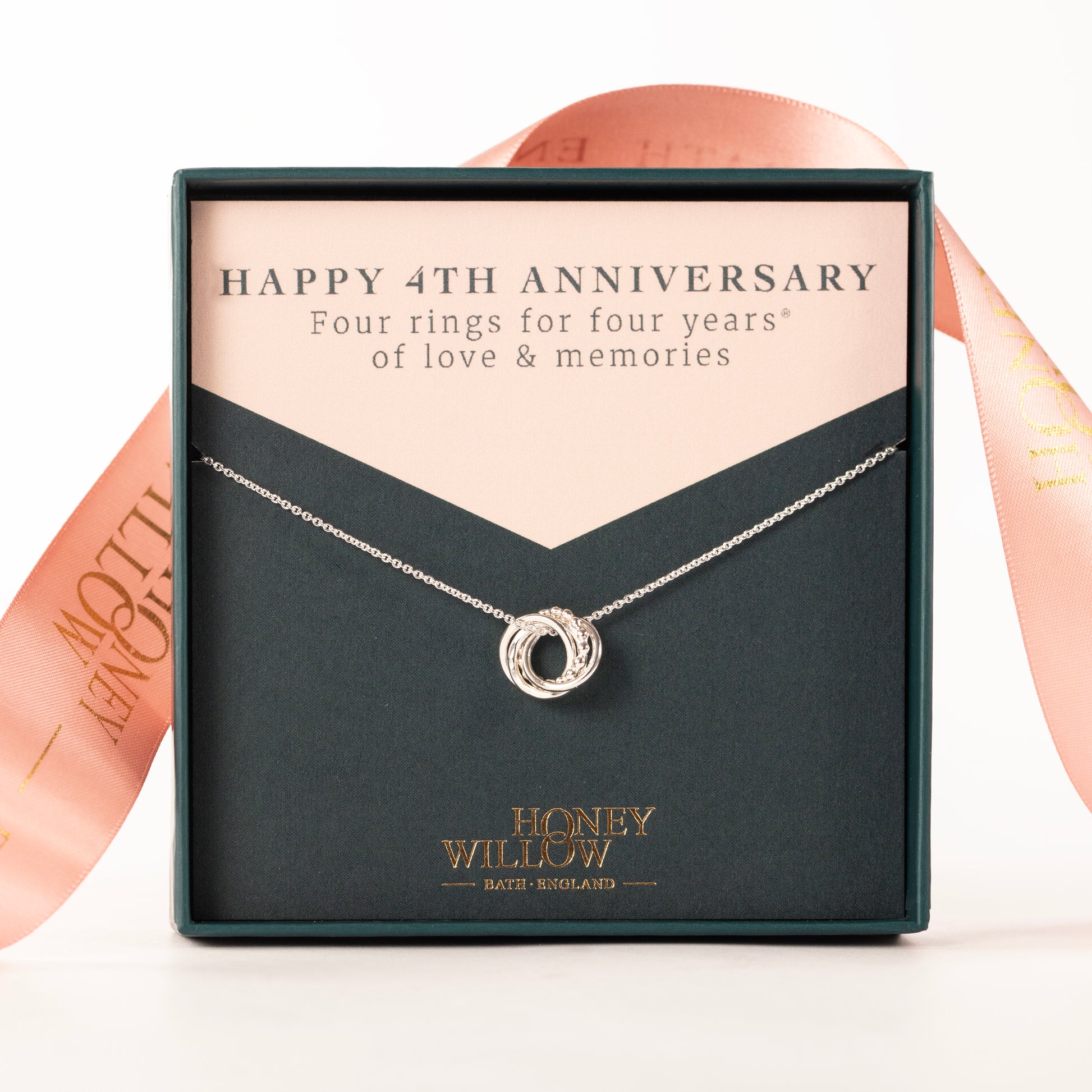 4th Anniversary Love Knot Necklace - The Original 4 Rings for 4 Years - Silver