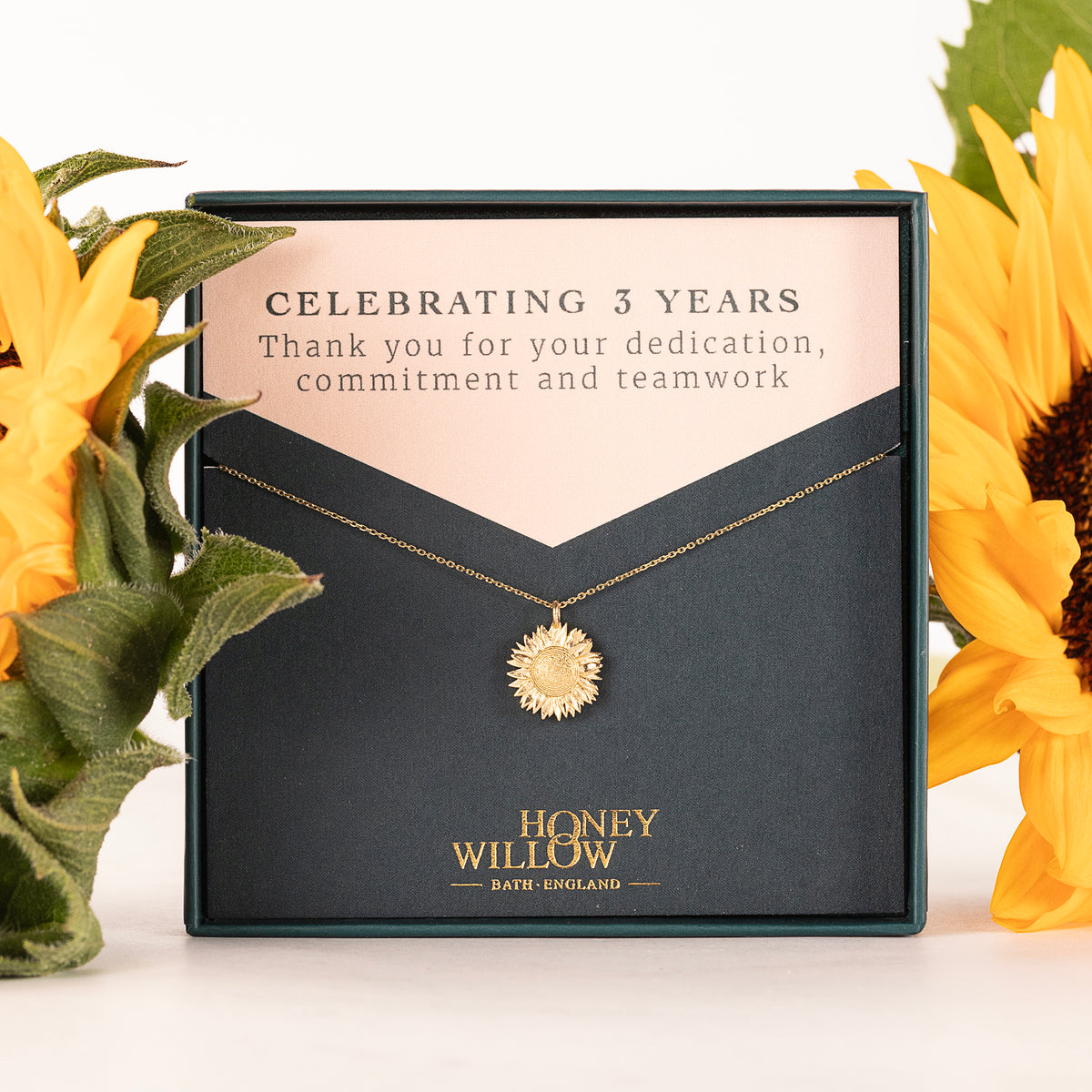 3 Year Work Anniversary Gift - Sunflower Flower Necklace - 9ct Gold