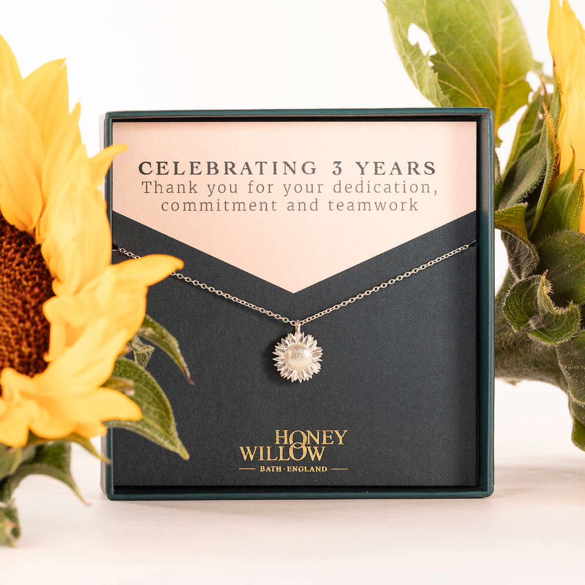 3 Year Work Anniversary Gift - Sunflower Flower Necklace - Silver