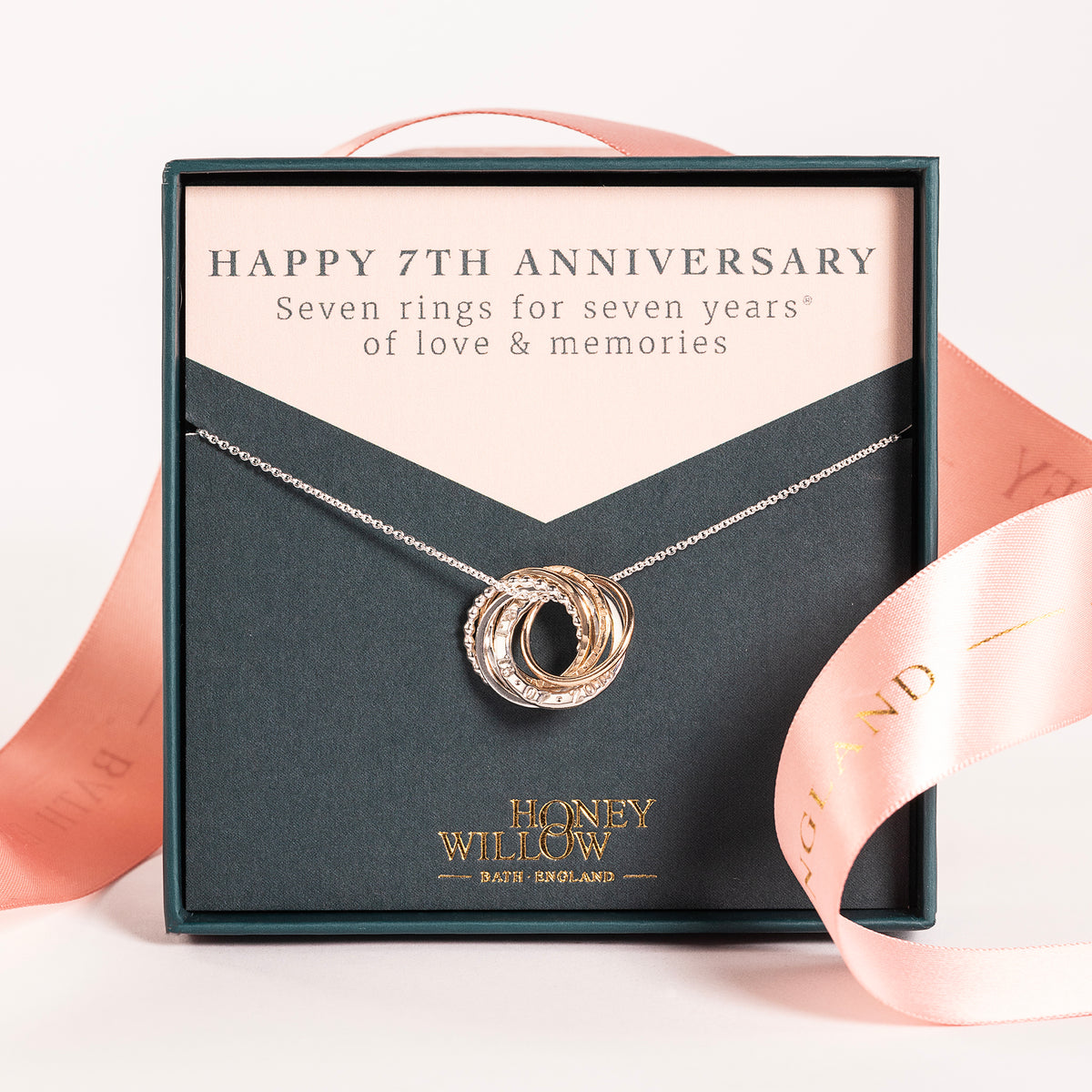 Personalised 7th Anniversary Necklace - Hand-Stamped - The Original 7 Rings for 7 Years Necklace - Petite Silver & Gold