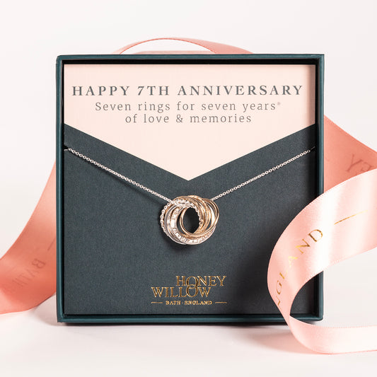 Personalised 7th Anniversary Necklace - Hand-Stamped - The Original 7 Rings for 7 Years Necklace - Petite Silver & Gold