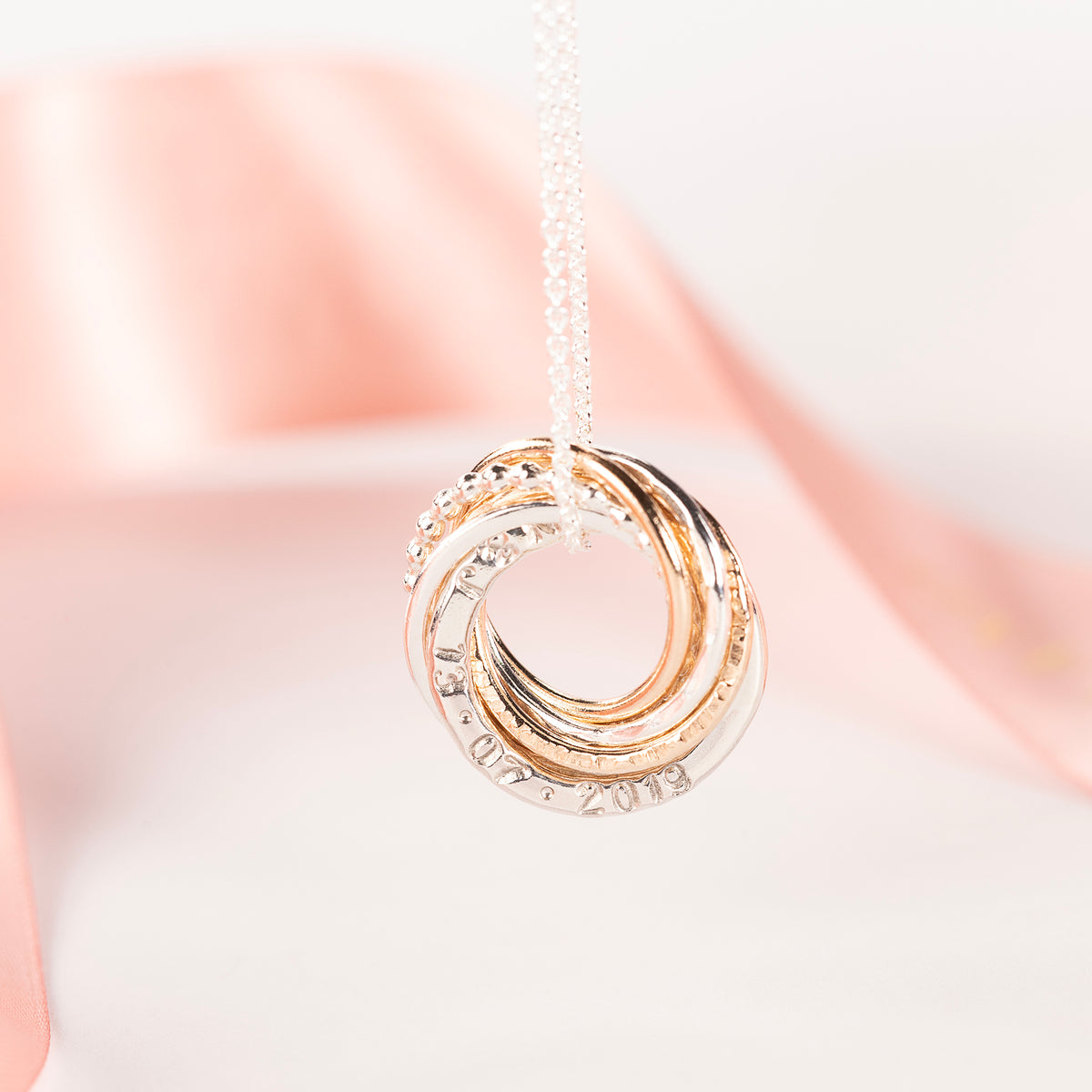 Personalised 7th Anniversary Necklace - Hand-Stamped - The Original 7 Rings for 7 Years Necklace - Petite Silver & Gold