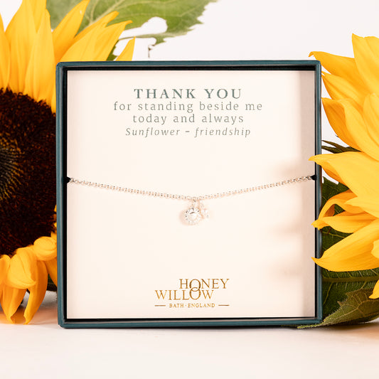 Bridesmaid Gift - Delicate Sunflower & Pearl Bracelet - Friendship - Silver