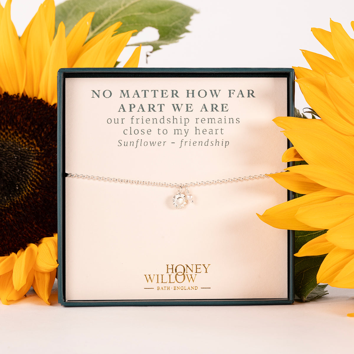 Long Distance Gift - Delicate Sunflower & Pearl Bracelet - Friendship - Silver