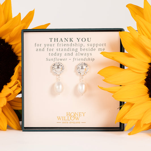 Thank You Gift - Sunflower & Pearl Earrings - Friendship - Silver