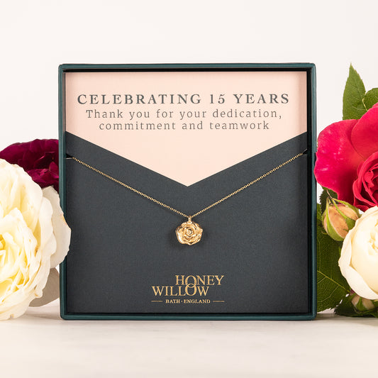 15 Year Work Anniversary Gift - Rose Flower Necklace - 9ct Gold