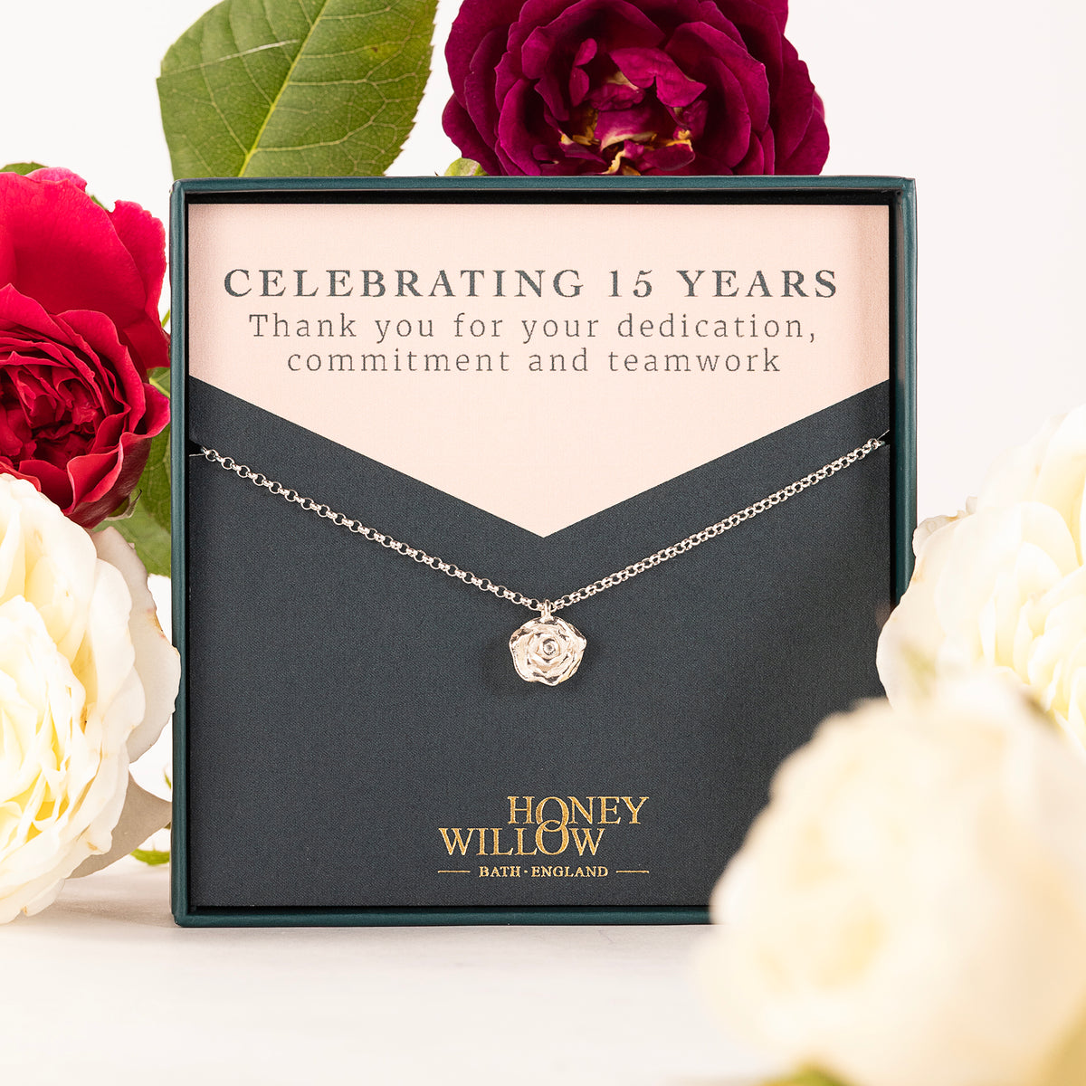 15 Year Work Anniversary Gift - Rose Flower Necklace - Silver