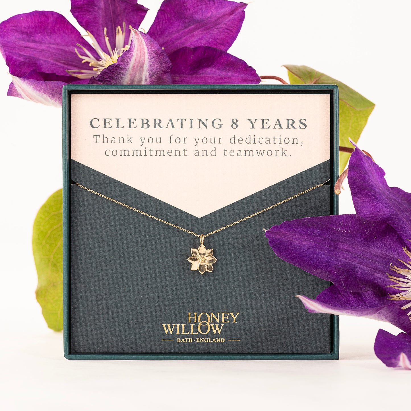 8 Year Work Anniversary Gift - Clematis Flower Necklace - 9ct Gold