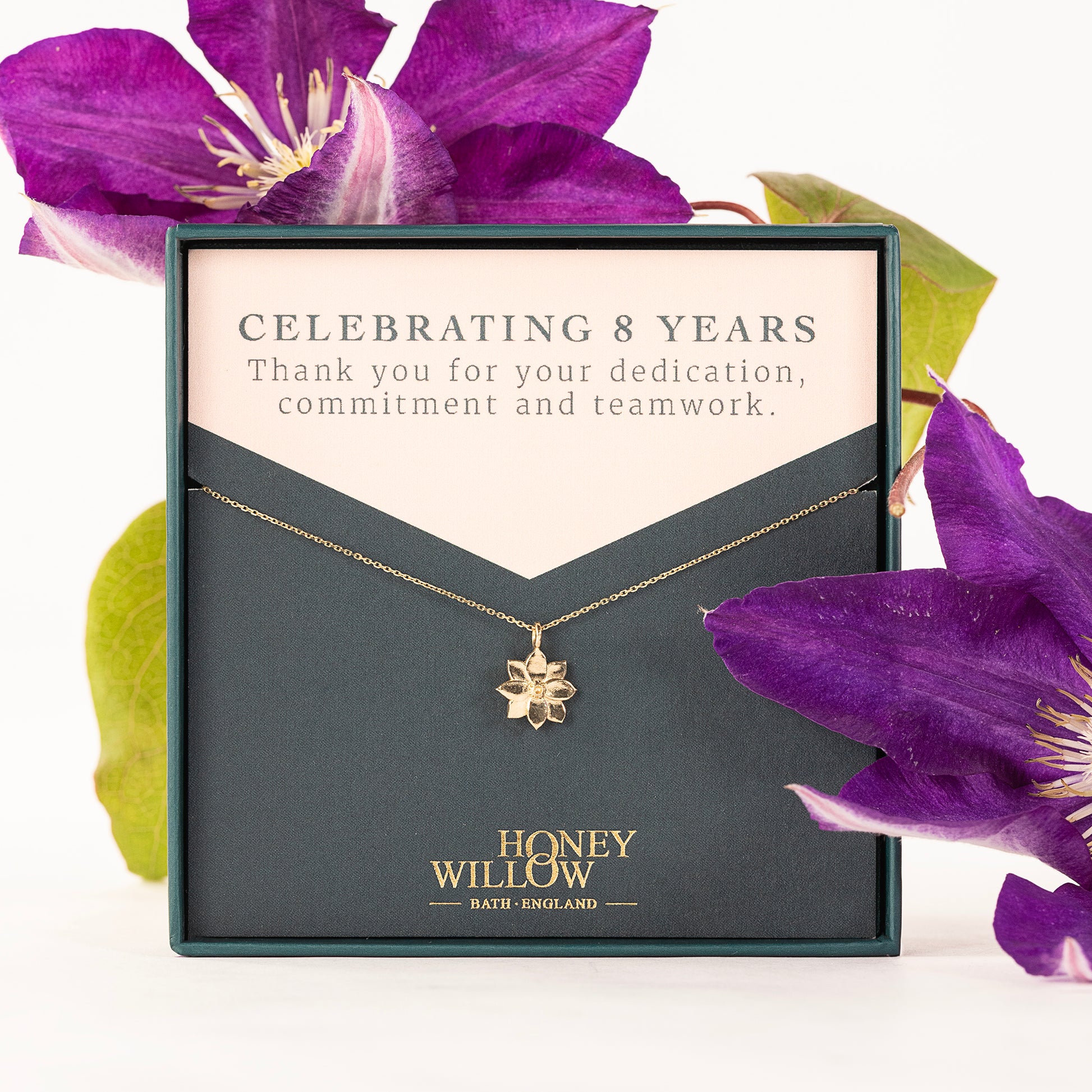 8 Year Work Anniversary Gift - Clematis Flower Necklace - 9ct Gold