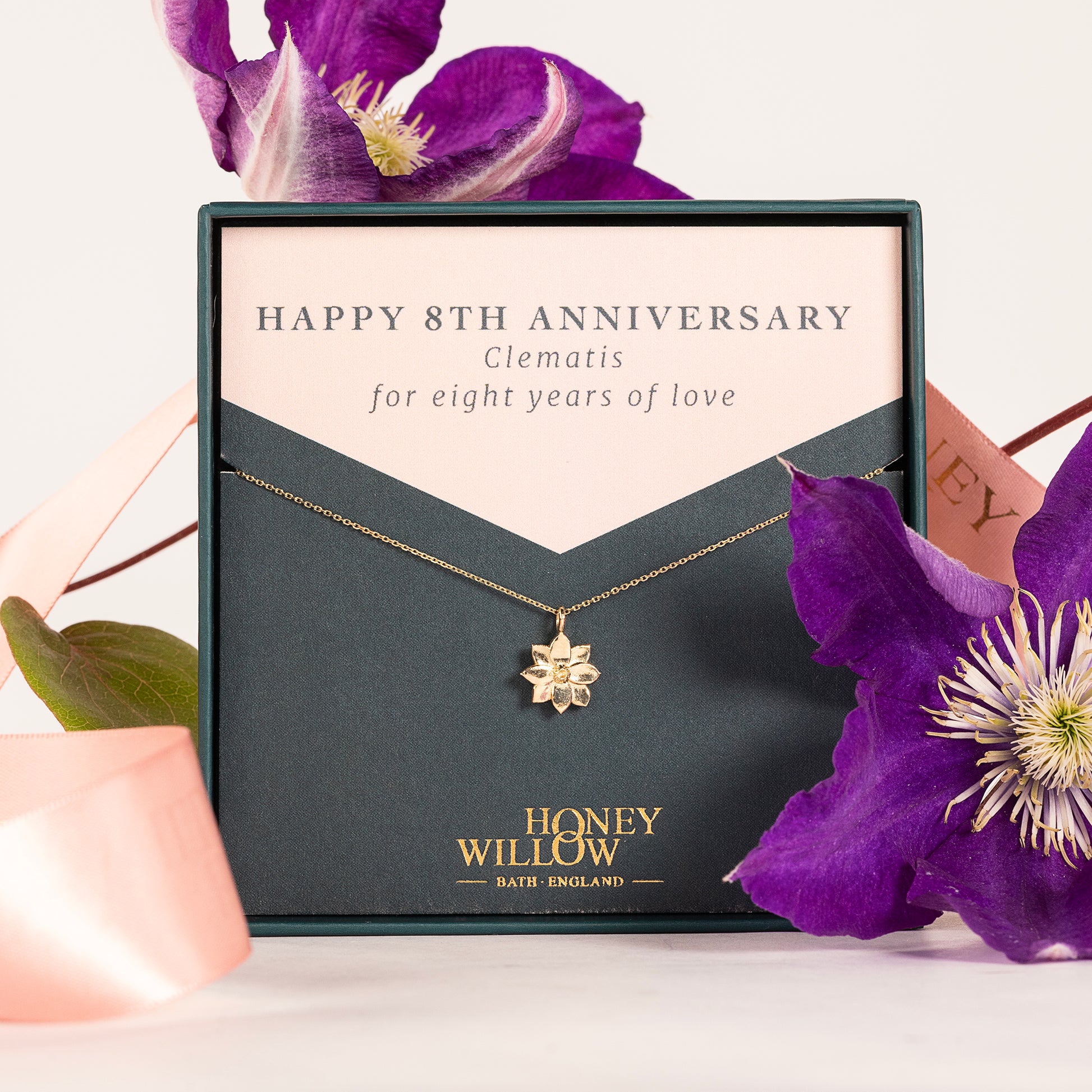 8th Anniversary Gift - Clematis Flower Necklace - 9kt Gold