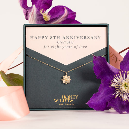 8th Anniversary Gift - Clematis Flower Necklace - 9kt Gold