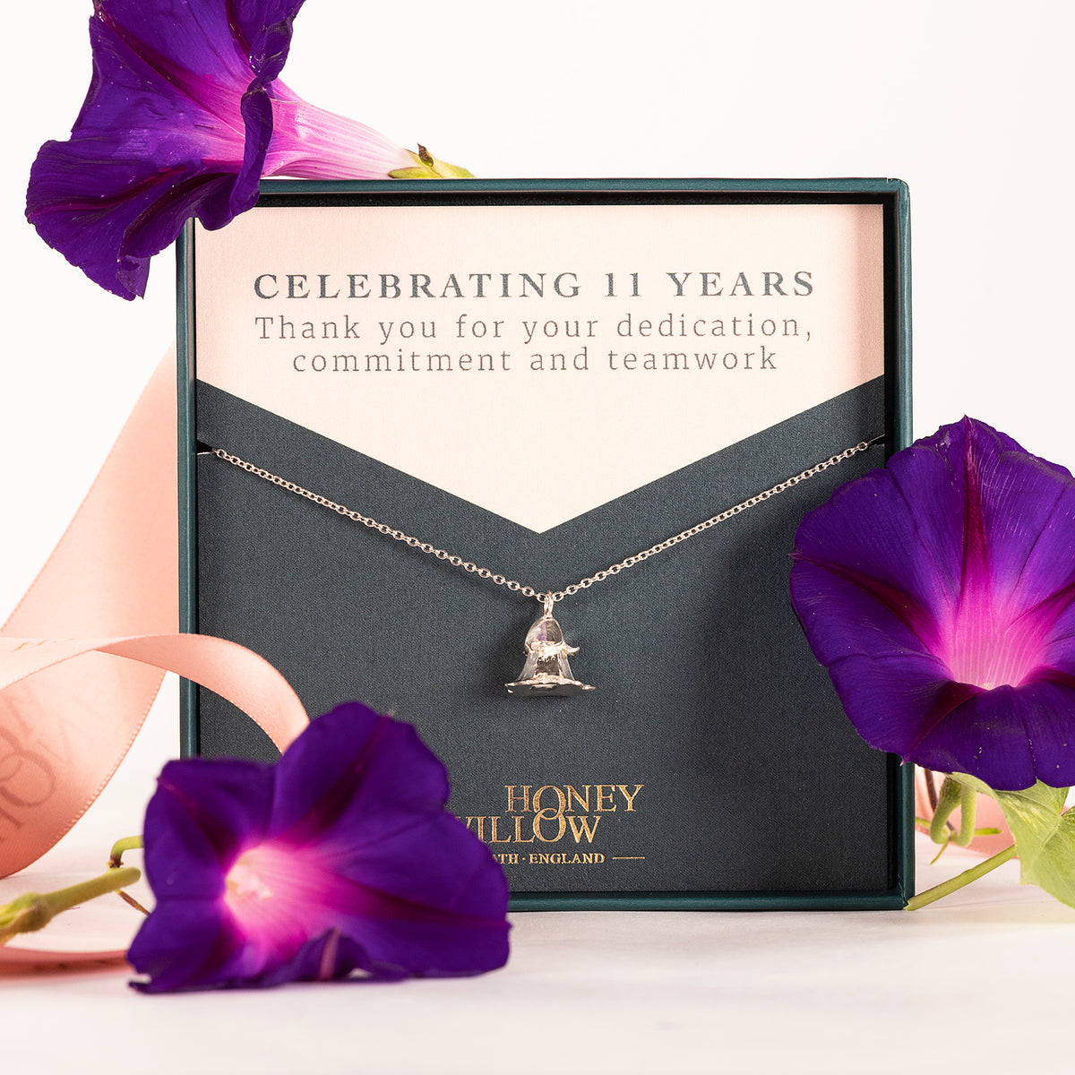 11 Year Work Anniversary Gift - Morning Glory Flower Necklace - Silver