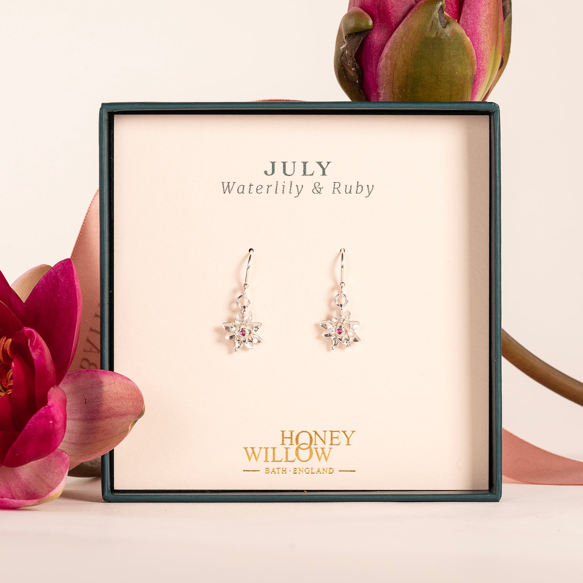 July Birth Flower & Birthstone Earrings - Waterlily & Ruby - Silver