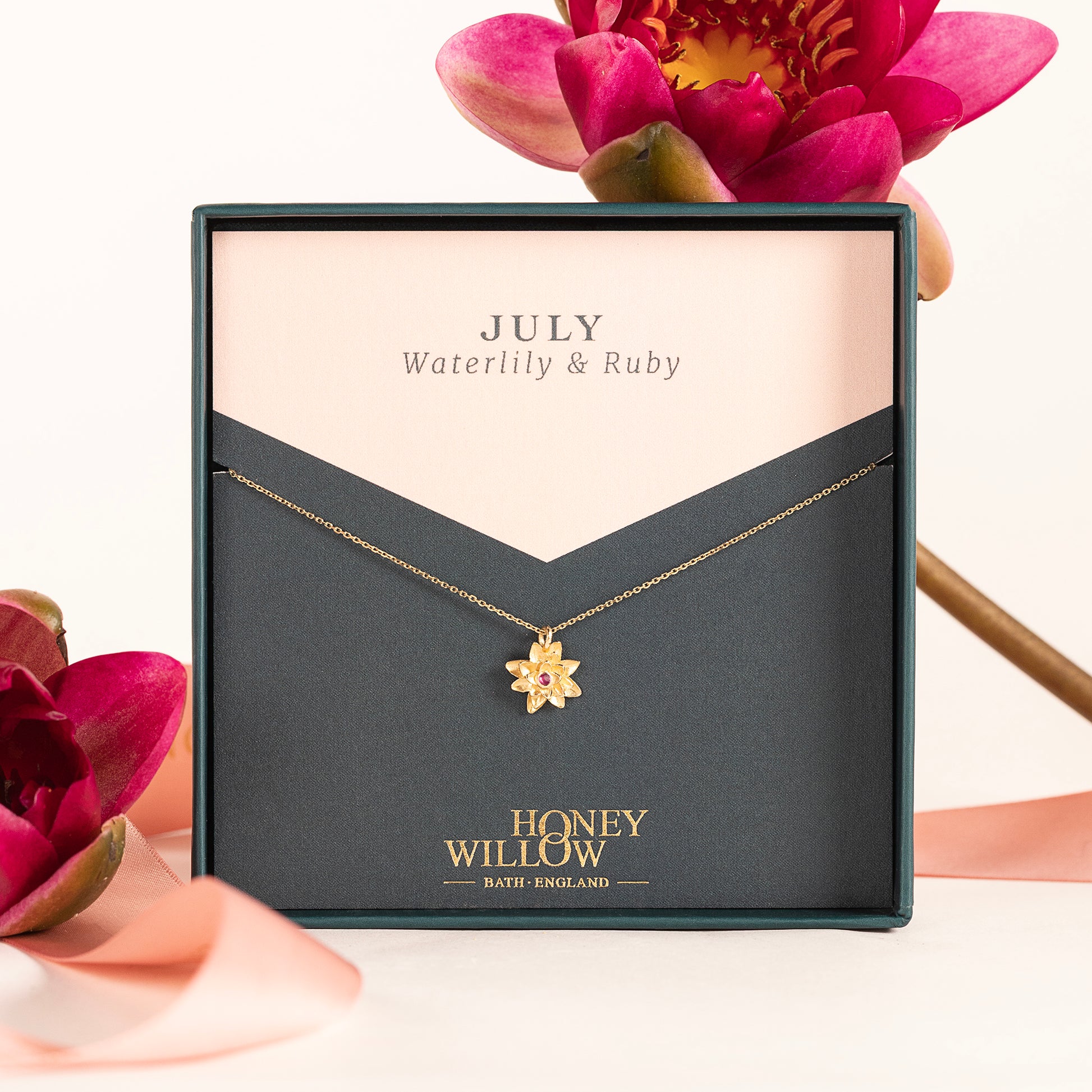 July Birth Flower & Birthstone Necklace - Waterlily & Ruby - 9kt Gold