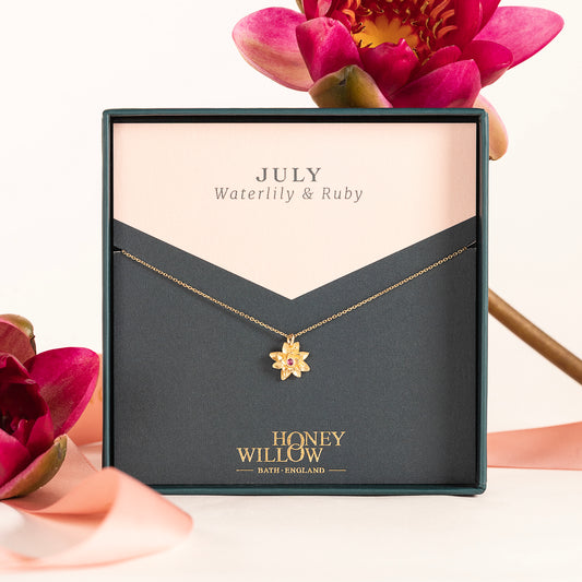 July Birth Flower & Birthstone Necklace - Waterlily & Ruby - 9kt Gold