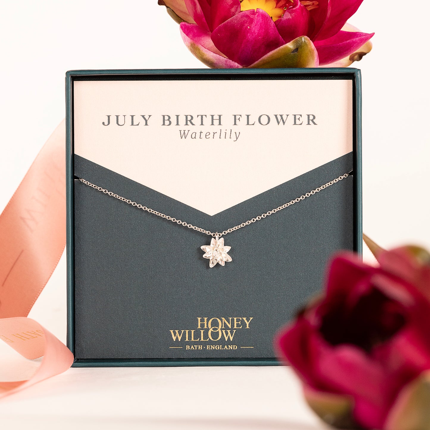 July Birth Flower Necklace - Waterlily - Silver
