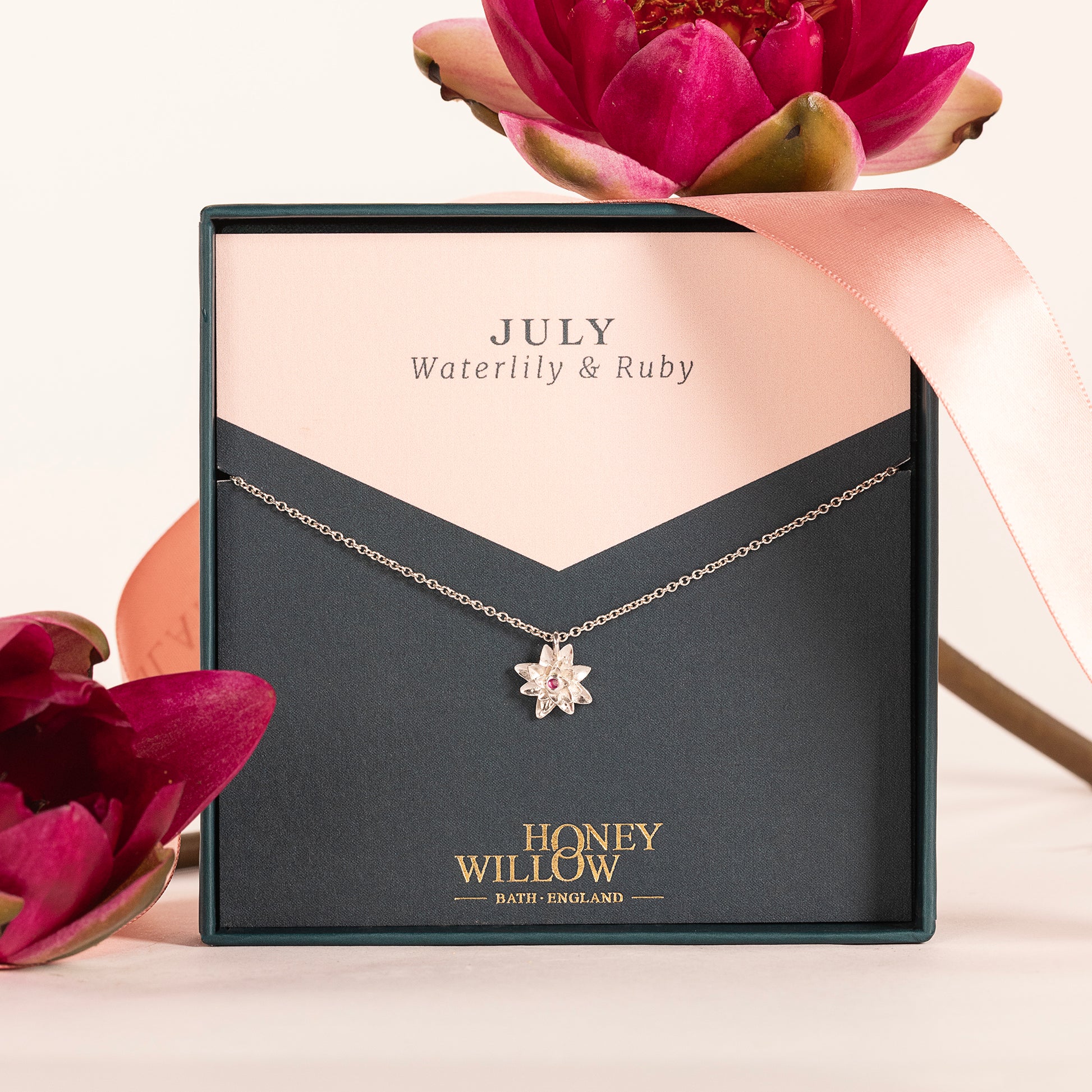 July Birth Flower & Birthstone Necklace - Waterlily & Ruby - Silver