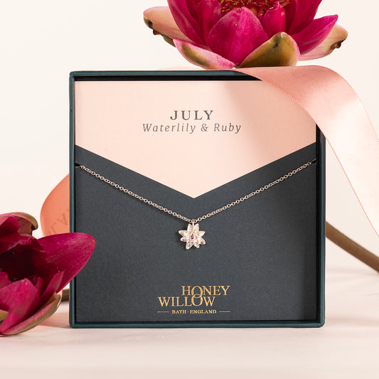 July Birth Flower & Birthstone Necklace - Waterlily & Ruby - Silver